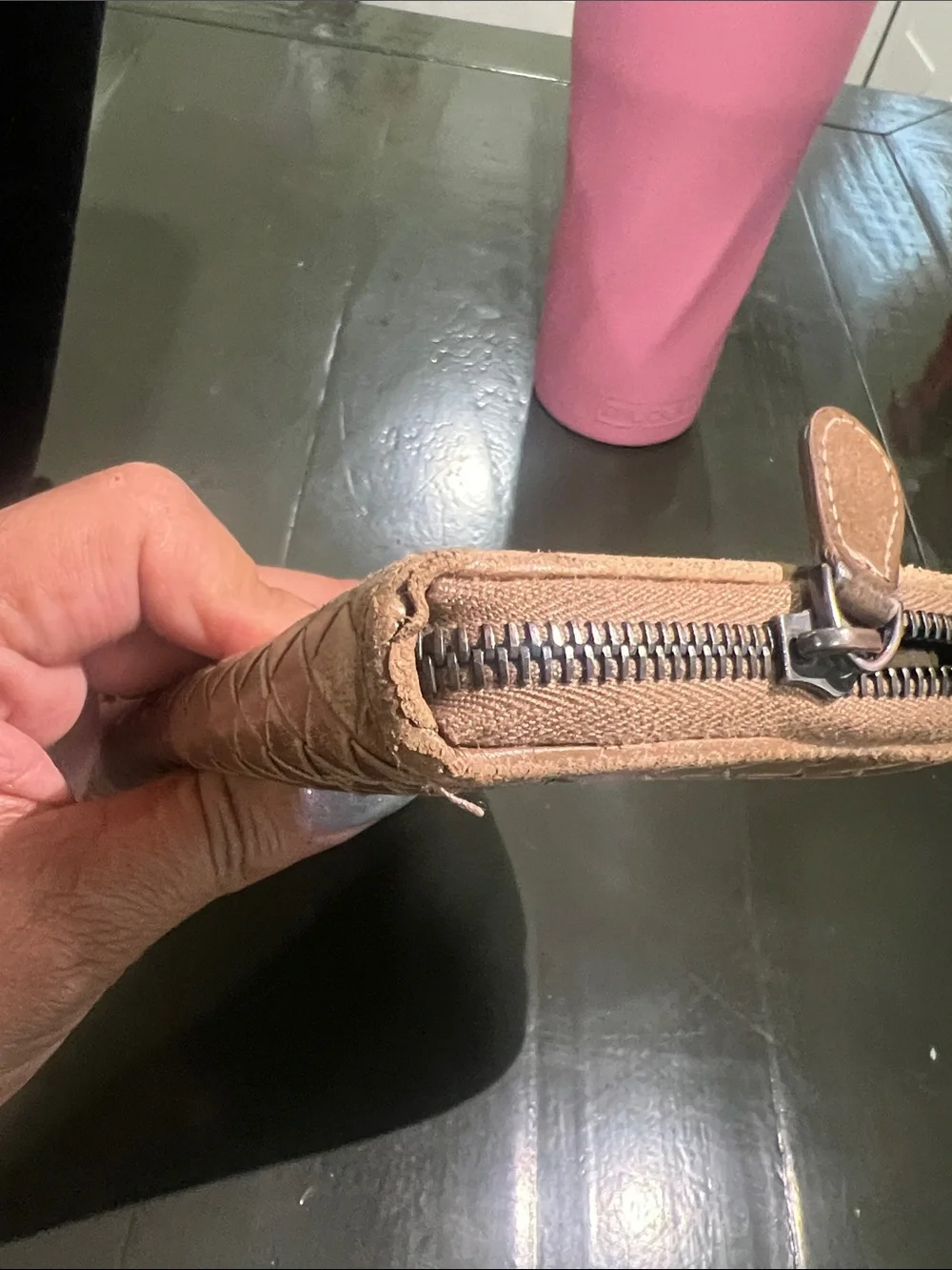 Bottega Veneta Tan Woven Zip Wallet